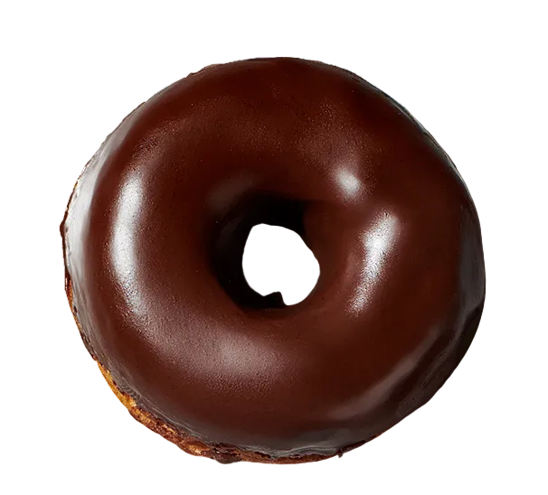 A single chocolate-glazed donut photographed from above on a white background with a soft shadow.